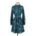 Allegra K Casual Dress - Shirtdress Collared Long sleeves: Teal Print Dresses - Women's Size Small