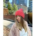 Coral Womens Hat One Size, Colorful Ski Hat, Ribbed Mohair Wool Hand Knit Beanie Women Winter Bright Double Cuff Thick