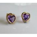 Vintage 9Ct Gold Amethyst Heart Stud Earrings