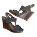 Michael Kors Shoes | Michael Kors Gillian T-Strap Platform Wedge Sandals Blue Denim Size 8 | Color: Blue/Tan | Size: 8