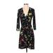 BCBGMAXAZRIA Casual Dress - Wrap V Neck 3/4 sleeves: Black Floral Dresses - Women's Size X-Small