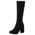 MJIASIAWA Women Pull On Winter Block Heel Fashion Knee High Stretch Boots High Heels Warm Party Riding Boots Black Size 10 UK/48 Asian