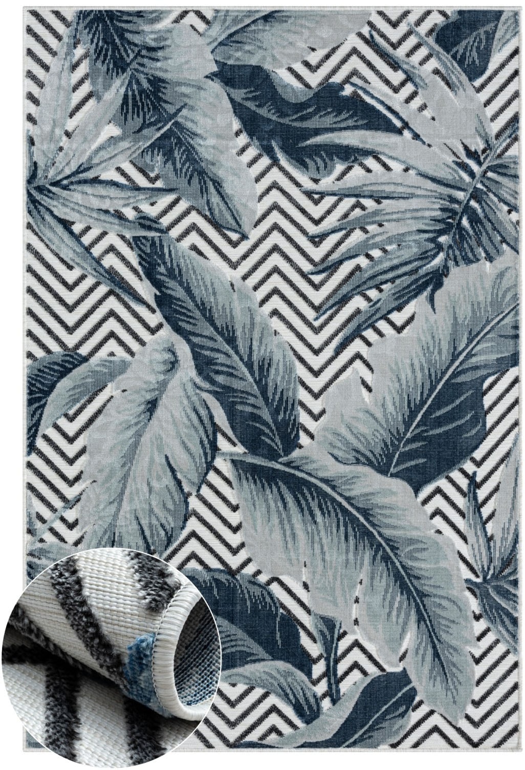 Teppich "Tiki, LAGERRÄUMUNG", blau (weiß,blau,grau), B:100cm H:8mm L:160cm, Polypropylen, MYFLAIR MÖBEL & ACCESSOIRES, Teppiche, Blätter Motiv, Hoch-Tief Effekt, Outdoor geeignet, Balkon, Terrasse Image