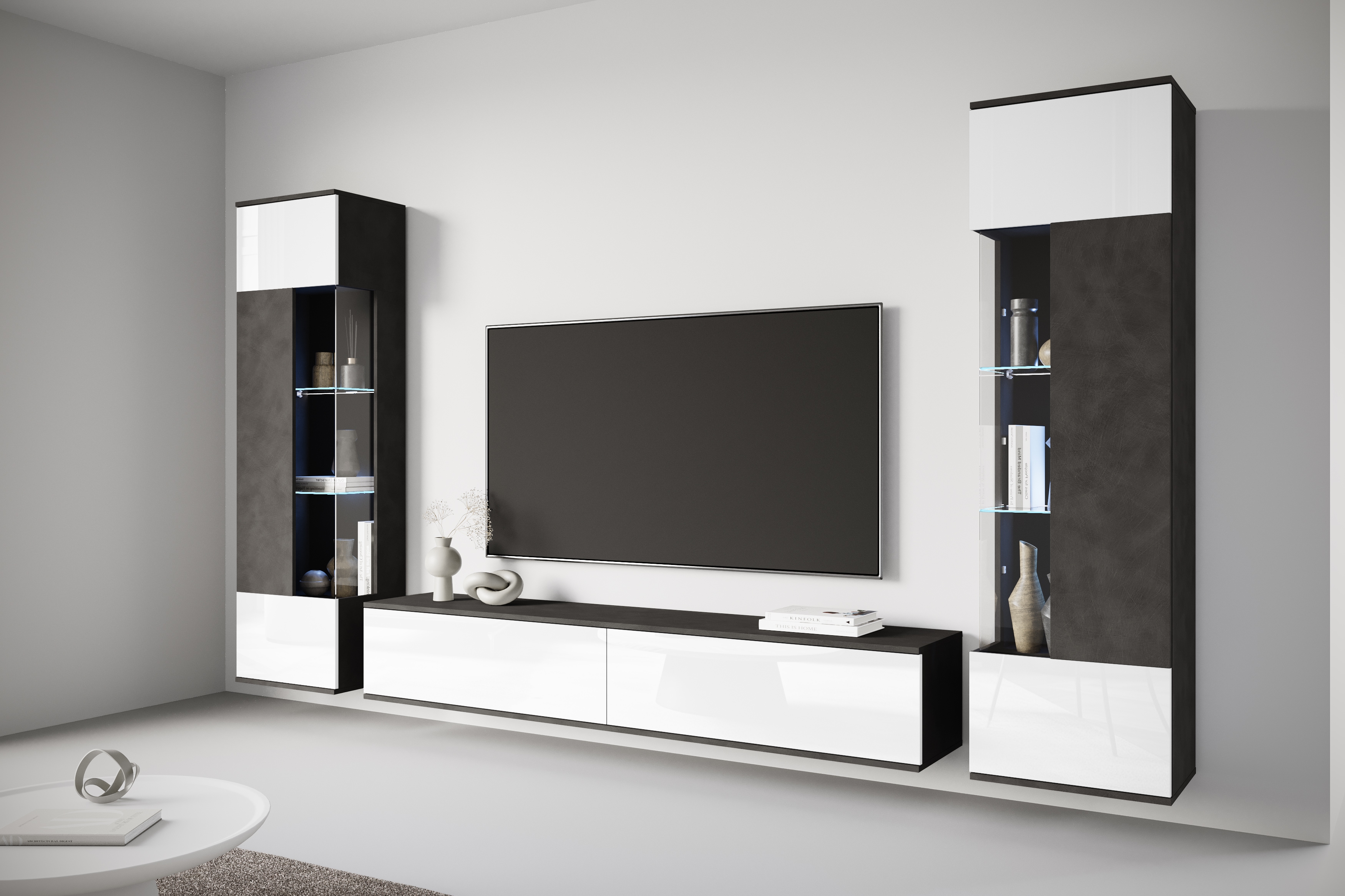 Wohnwand INOSIGN "Kenia, Vitrine Türanschlag links/rechts wechselbar", schwarz-weiß (matera anthrazit, weiß hochglanz), Glas, Hartfaserplatte, Holzwerkstoff, Kunststoff, Kastenmöbel-Sets, Vitrinen mit Eckverglasung, hängend und stehend montierbar,...