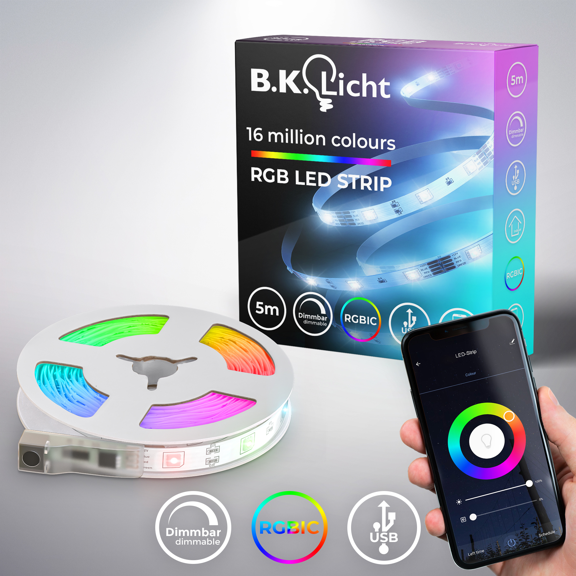 B.K.LICHT LED Stripe "Wifi RGBIC USB LED Strip, 5 m, mit App Steuerung", weiß, Flammen 150 Stk., Kabellänge 150m, Lichterketten, Lichtleiste, mit Musiksensor, smartes LED Band, Selbstklebend Image