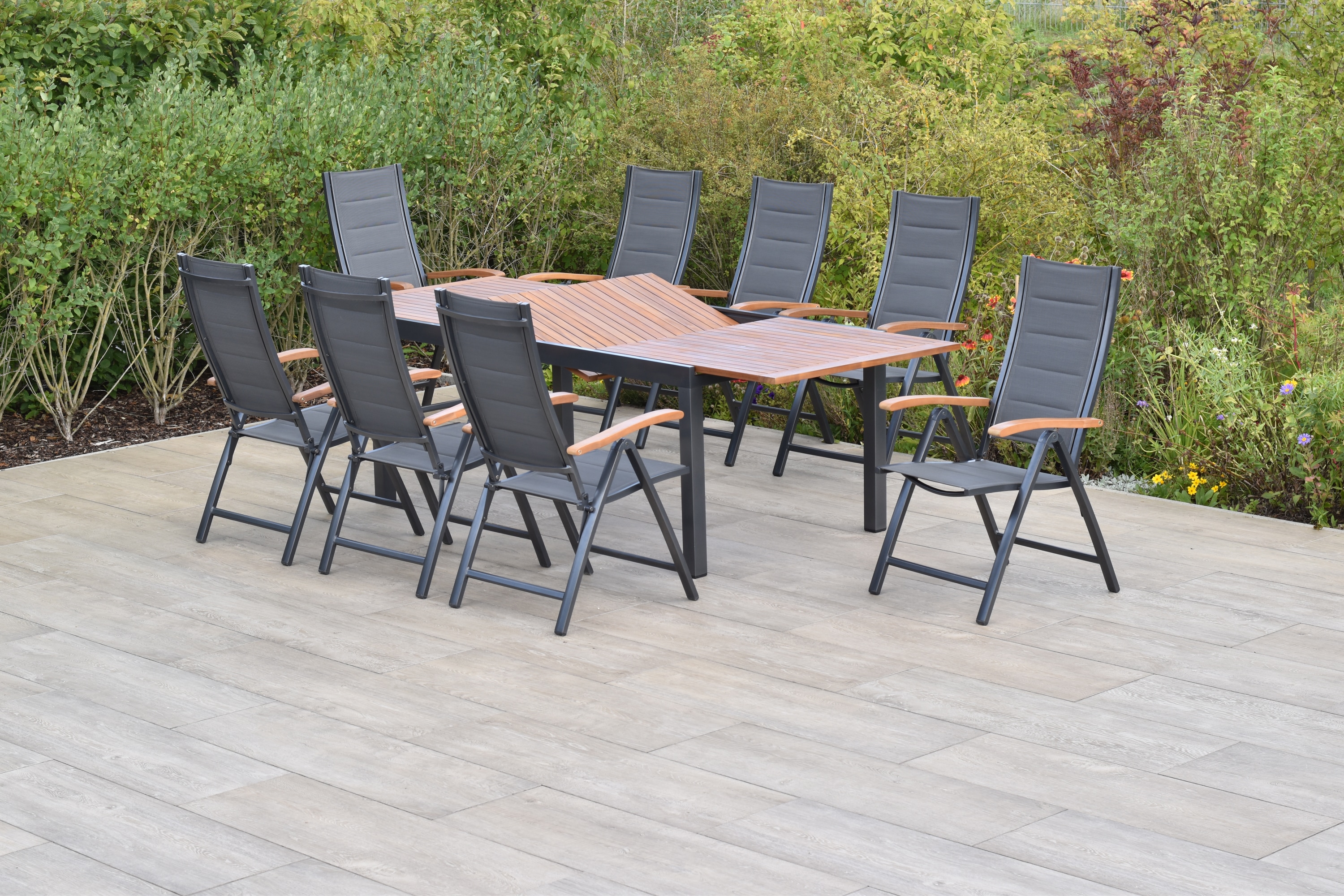 Garten-Essgruppe MERXX "»Paxos«", grau (grau, grau, graphit), Aluminium, Massivholz, Polyester, Sitzmöbel-Sets, Ausziehtisch: LxB: 180-250 x 100 cm