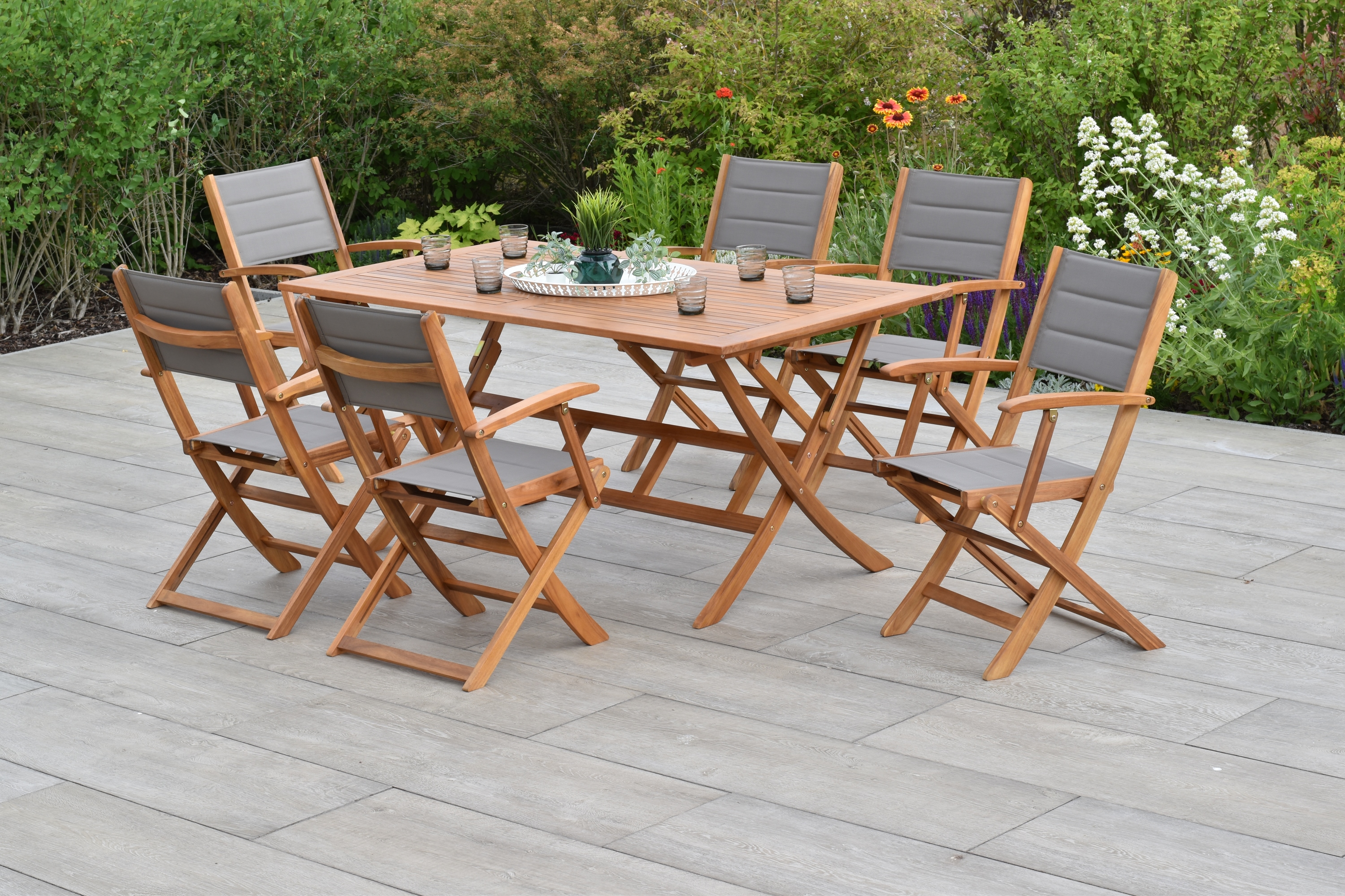 Garten-Essgruppe MERXX "»Acapulco«", grau (grau, grau, natur), Massivholz, Polyester, Sitzmöbel-Sets, Tisch klappbar: LxB: 160x90 cm