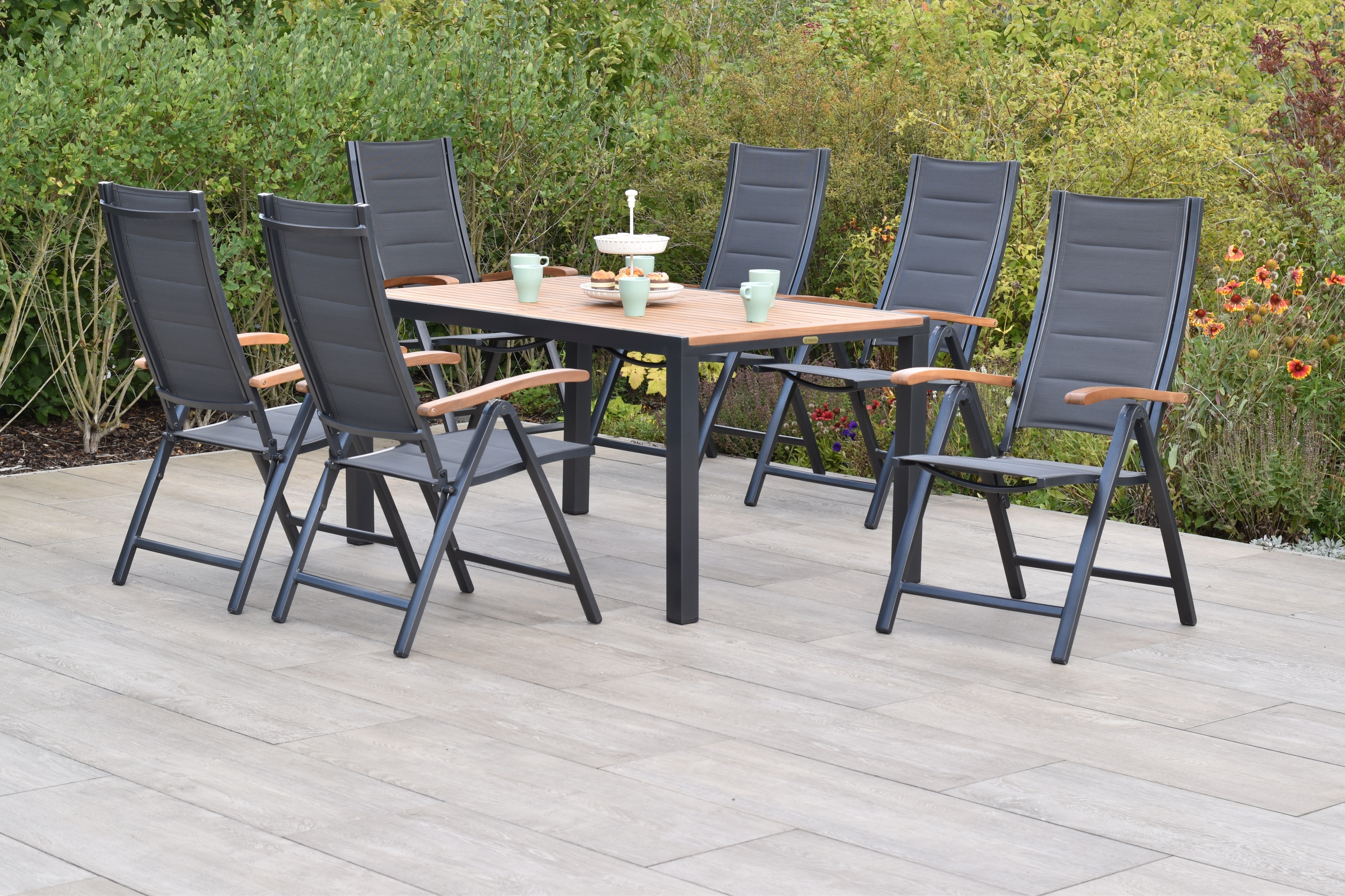 Garten-Essgruppe MERXX "»Paxos«", grau (grau, grau, graphit), Aluminium, Massivholz, Polyester, Sitzmöbel-Sets, Tisch: LxB: 150x90 cm