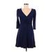 Express Casual Dress - A-Line Plunge 3/4 sleeves: Blue Print Dresses - Women's Size Medium