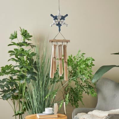 Blue Bamboo Wood Handmade Ship Wheel Indoor Outdoor Windchime with Log Chimes