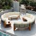 Curved Outdoor Sectional Sofa Set with Wood Coffee Table, Water-resistant Conversation Sofa Set with Beige Cushions