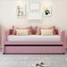 Velvet Upholstered Daybed Pink Sofa Bed Frame w/ Trundle - Twin Size