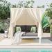 Outdoor Versatility Sunbed Sun Chaise Lounge with Curtains, Patio Woven Rope Conversation Sofa Set with Pillows & Canopy