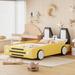 Twin Size Race Car-Shaped Platform Bed with Wheels, PU Leather Upholstered Twin Bed Frame with Headboard for Kids Boys Girls