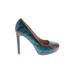 Pour La Victoire Heels: Slip On Stilleto Boho Chic Teal Snake Print Shoes - Women's Size 7 1/2 - Round Toe