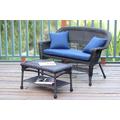 Espresso Wicker Patio Love Seat And Coffee Table Set With Midnight Blue Cushion- Jeco Wholesale W00201-LCS011