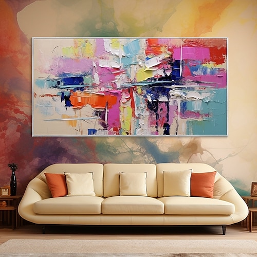 Abstrakte Boho-Landschaftskunst, handgemaltes 3D-Leinwand-Ölgemälde im bunten Graffiti-Stil, handgemaltes Spachtel, impressionistische Kunstmalerei, trendiges Gemälde für Wohnzimmerdekoration Image
