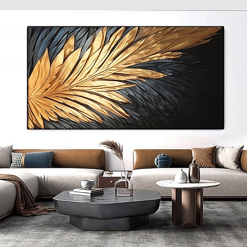 Handgemaltes abstraktes Federölgemälde auf Leinwand, handgemaltes modernes Wandgemälde in Gold und Schwarz für Wohnzimmer, Schlafzimmer, Wanddekoration, individuell strukturiertes Gemälde Image