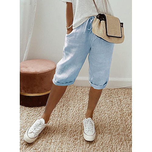 Damen Normal Shorts aus Baumwollleinen Caprihose Sommershorts Alltagstauglich Knielang Natürliche Taille Einfarbig Kordelzug Tasche Elastischer Bund Atmungsaktivität Bequem Unelastisch Urlaub Image