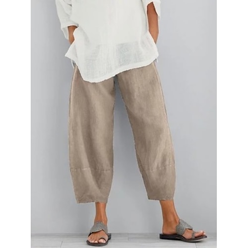 Damen 100% Baumwolle Hosen Hose Alltagstauglich Knöchellang Einfach Seitentaschen Elastischer Bund Atmungsaktivität Bequem Unelastisch Wochenende Schwarz Dunkelmarine Khaki Grau Frühling Sommer Image