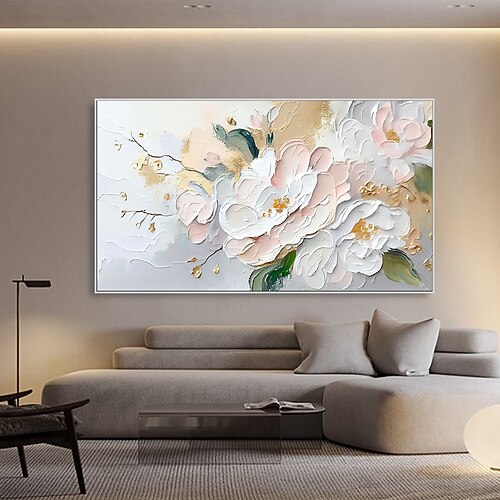 handgemaltes 3D-Ölgemälde mit Blumenmuster, Wandkunst, Wabi-Sabi-Kunstwerk, minimalistische Leinwand-Wanddekoration für Wohnzimmer, Blumen-Ölgemälde, Frühlingsdekor, Messermalerei Image