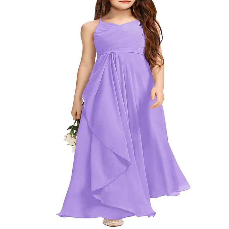 Girls A-Line Halter Dress Junior Bridesmaid Flower Girl Flowy Chiffon Maxi Dresses Wedding Party Pageant Gown