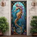 Stained Glass Seahorse Door Covers Door Tapestry Door Curtain Decoration Backdrop Door Banner for Front Door Farmhouse Holiday Party Decor Supplies