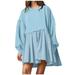 Posijego Womens Long Sleeve Sweatshirt Mini Dress Solid Color Crew Neck Pleated Short Dress Casual Dresses