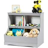 TJUNBOLIFE 4-Cubby Bookcase with Footboard Name Card Multi-Bin Children s Toys and Organizer Book Display Wooden Toy Box Chest Cabinet for Room Playroom Bedroom Nursery (Gray)
