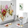 Chinese Style Shower Curtain Peony Butterfly Flowers Bathroom Decoration Curtains Set Non-Slip Carpet Waterproof Bathtub Screen