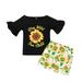 FRSASU Toddler Kids Baby Girls Summer Fashion Letter Tops+Sunflowers Shorts Outfits Set Black 110(3-4 Years)