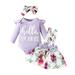 ZCFZJW Hello I m New Here Toddler Baby Boys Girls 3 Piece Outfits Ruffle Long Sleeve Ribbed Rompers with Floral Bowknot Strap Skirt and Headbands Cute Infant Clothes Set Purple 6M