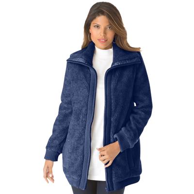 Plus Size Women's Textured Fleece Bomber Coat by Roaman's in Evening Blue (Size M)