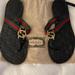 Gucci Shoes | Gucci Gg Web Stripe Thong Sandals Eu 37 Us 7 Black Flip Flop Slide Flat Heel | Color: Black/Green | Size: 7