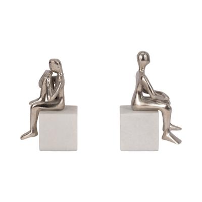 Set of 2 Human Figure Bookends Contemporary Marble and Aluminum White and Silver Sitting Figure Bookend Set - 5" x 3" x 7"