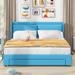 Metal Frame Platform Bed, Hydraulic Storage Bed with 2 Drawers & Blue Upholstered Headboard, Wood Slats Support - Queen