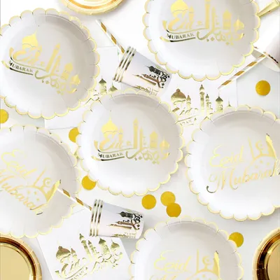 Eid Mubarak Theme Disposable Tableware White Gold Disposable Paper Tableware Islamic Muslim