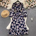 YuooMuoo-Robe longue à imprimé floral vintage pour femmes chemise à manches longues avec ceinture