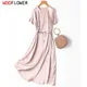 Women Midi Dress 100% Mulberry Silk 20 Momme Crew neck belted waist Solid Pink A Line Long Dress