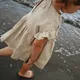 Summer New Ins Girls Linen T-Shirt Retro Casual Loose Baby Cute Ruffled Sleeve Tied Linen Doll