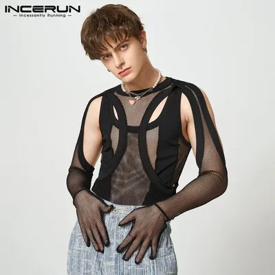 Stilvolle Loungewear Strampler INCERUN Männer Durchsichtige Mesh Gestrickte Hohl Design Bodys Männlich Langarm Dreieck Overall S-5XL Image