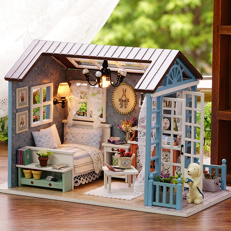 DIY Miniatur Puppenhaus Kit Montieren Puzzle 3D Holz Haus Zimmer Handwerk Mit Möbel LED Lichter Kinder Geburtstag Geschenk Spielzeug