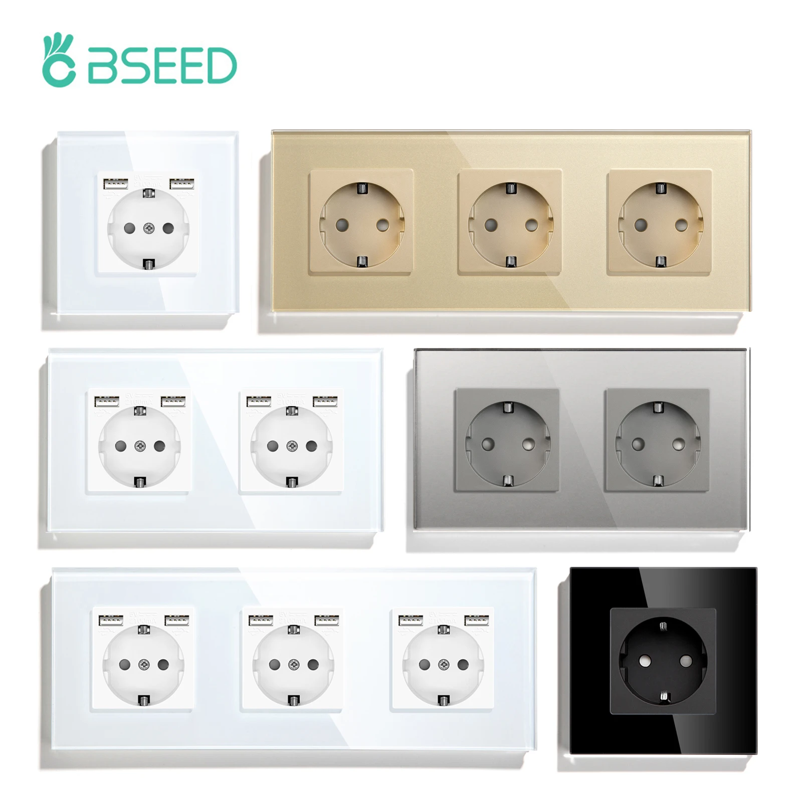 BSEED EU-Wandsteckdosen, einzelne Stecker, doppelte 5 V, 2,1 A, USB-Buchse, Telefonladung, Glasscheibe, Steckdosen, Kinderschutz, 16 A Image