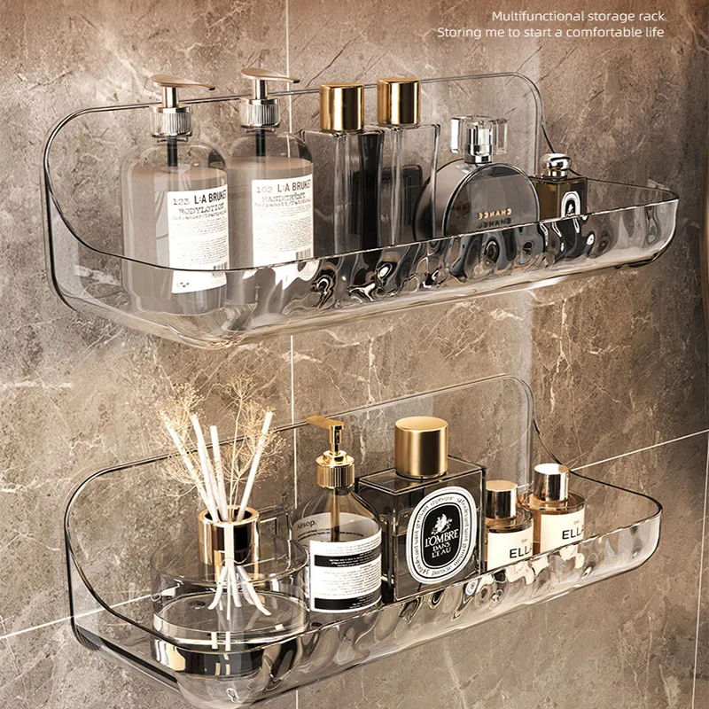 Acryli Badezimmerregal ohne Bohrer, Organizer für Dusche, Aufbewahrungsregal, Waschtisch, Kosmetik, Aufbewahrungsregal, Wandmontage, Toiletten- und Shampoo-Halter Image