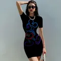 Mode Frauen Sommer Disney Minnie Mickey Maus Bleistift enges Kleid Design O-Ausschnitt Kurzarm hohe