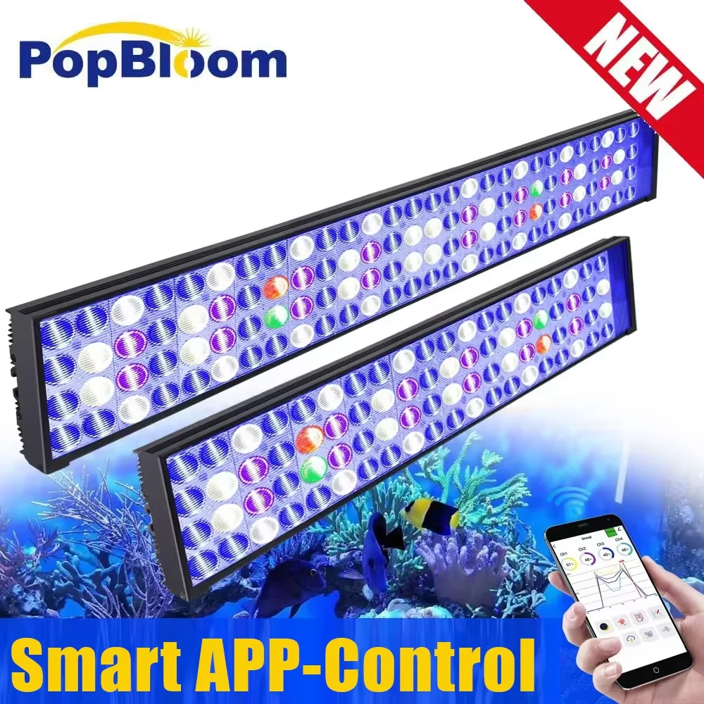 NUOVA luce per acquario a LED WiFi PopBloom, lampada per acquario marino a spettro completo per coralli di barriera corallina da 60-240 cm luci per acquario a LED per acqua di mare