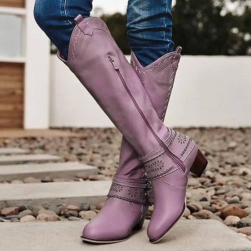 Damen-Westernstiefel mit perforiertem Schnallenriemen und Nähten, halbhohe Cowgirlstiefel für Freizeit und Outdoor Image