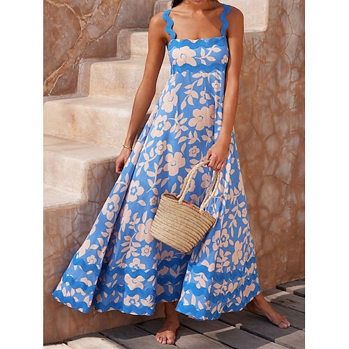 Damen Freizeitkleid Unterkleid Strandkleid Blumen rückenfrei Print Träger langes Kleid Maxikleid tropischer Hawaiiurlaub ärmellos Sommer Image