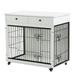 Royard Oaktree Dog Crate Furniture with Double Doors Furniture Style Pet Crate End Table with 2 Storage Drawers 31.7 Decorative Dog Kennel Cage on Wheels for Small Medium Dogs White