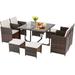 Shintenchi 9 Piece Patio Dining Set Small Outdoor Furniture Space Saving Wicker Dining sectional Conversation Set w/Glass Table and Cushioned Stackable Armrest Chairs for Lawn Deck Yard (